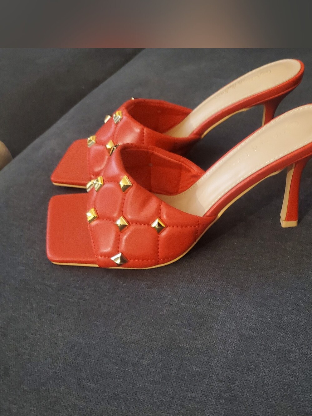 Red Quilted Studded High Heel Slide Sandals Size 10
